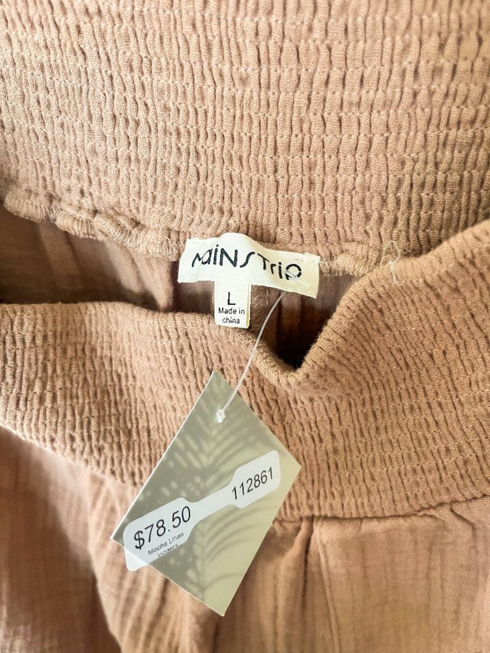 NWT Mocha Gauze Linen Joggers L – Smocked Waist Elastic Ankle Pants Summer - Picture 5 of 5